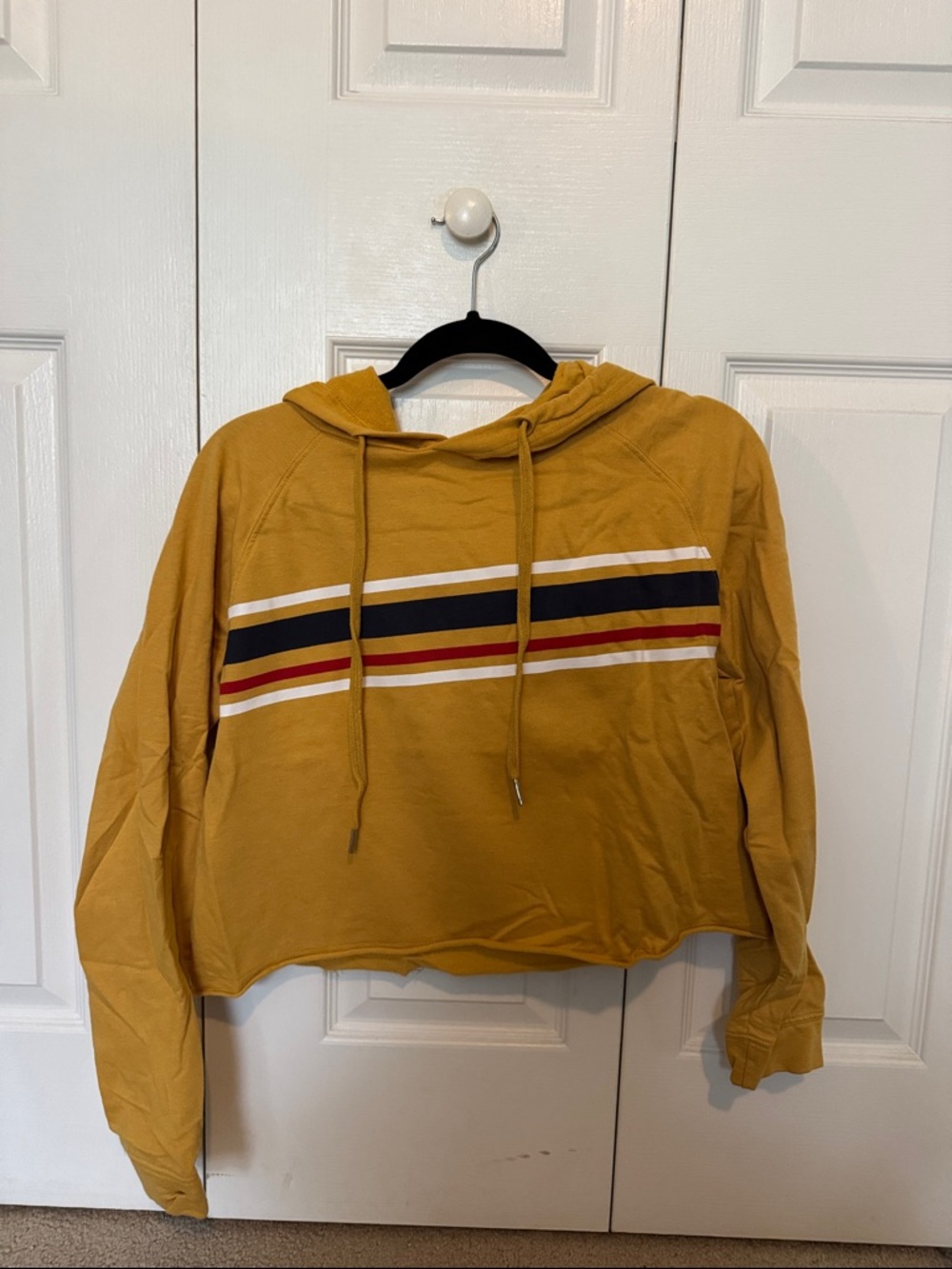 Mustard Cropped Hoodie with Striped Chest